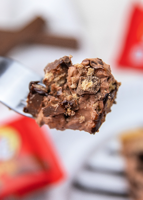 a bite of chocolate kitkat pie